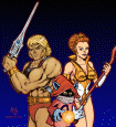He-man, Teela and Orko in a comic book style